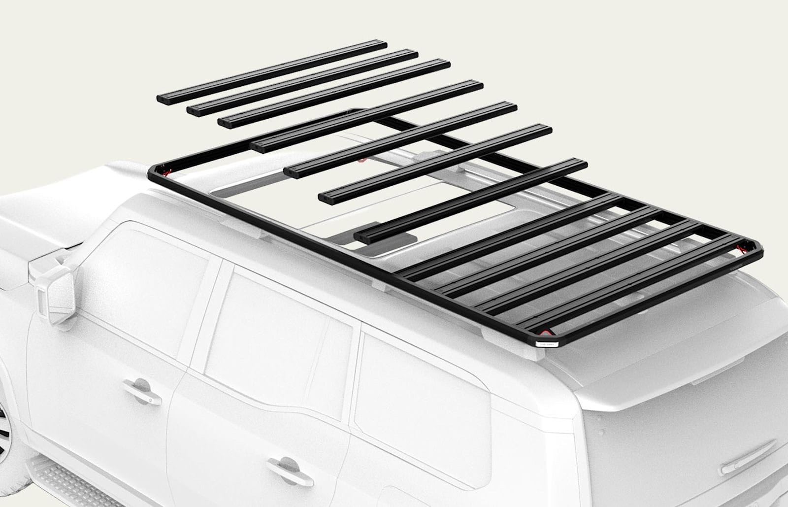 Slimline 3 roof rack on a white vehicle with slats lifted out