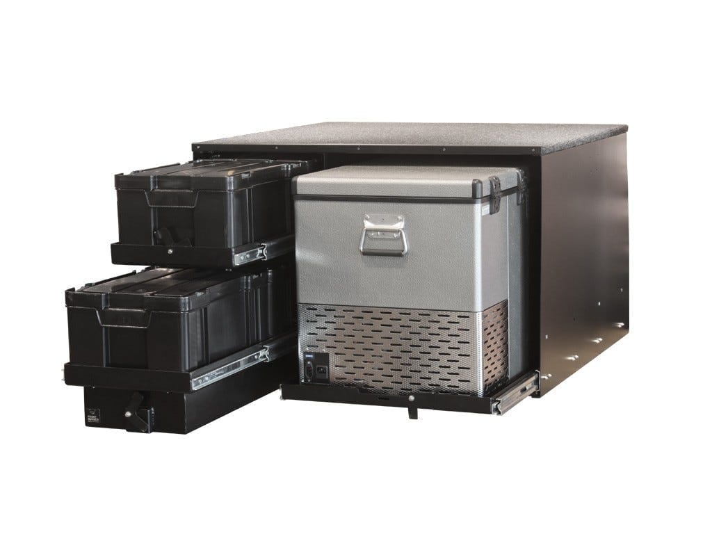 Front Runner drawer and fridge slide combo with two drawers and a fridge slide pulled out