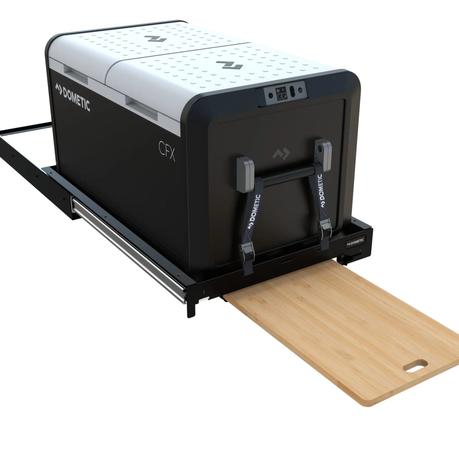 A dual zone Dometic fridge strapped to a Dometic fridge slide, with the bamboo board pulled out