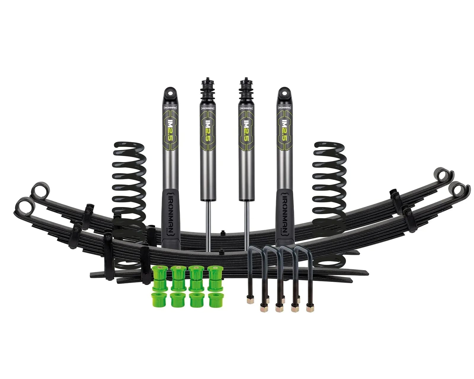 A suspension kit laid out on a white floor: two coil springs, two rear leaf spring packs, four shocks, U-bolts and green bushes