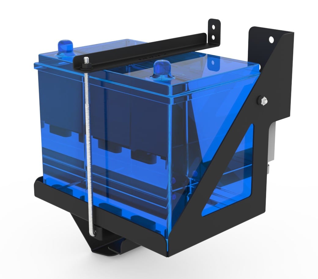 A black steel bracket holding a second battery, made for the engine bay of the V6 and V8 Land Cruiser 70 Series