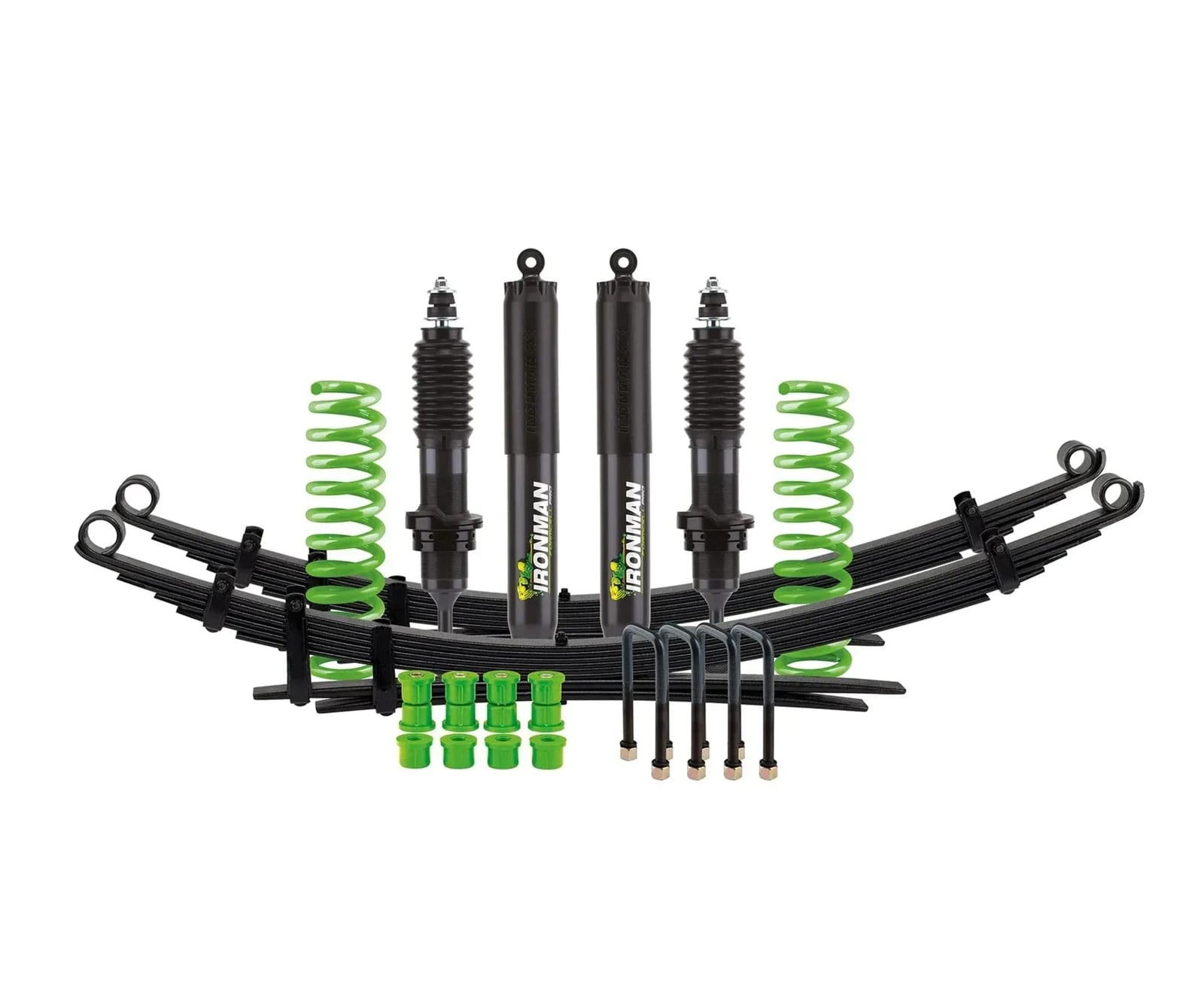 An Ironman Foam Cell Pro suspension kit laid out: rear leaf spring packs, green front coil springs, four shocks and bushes