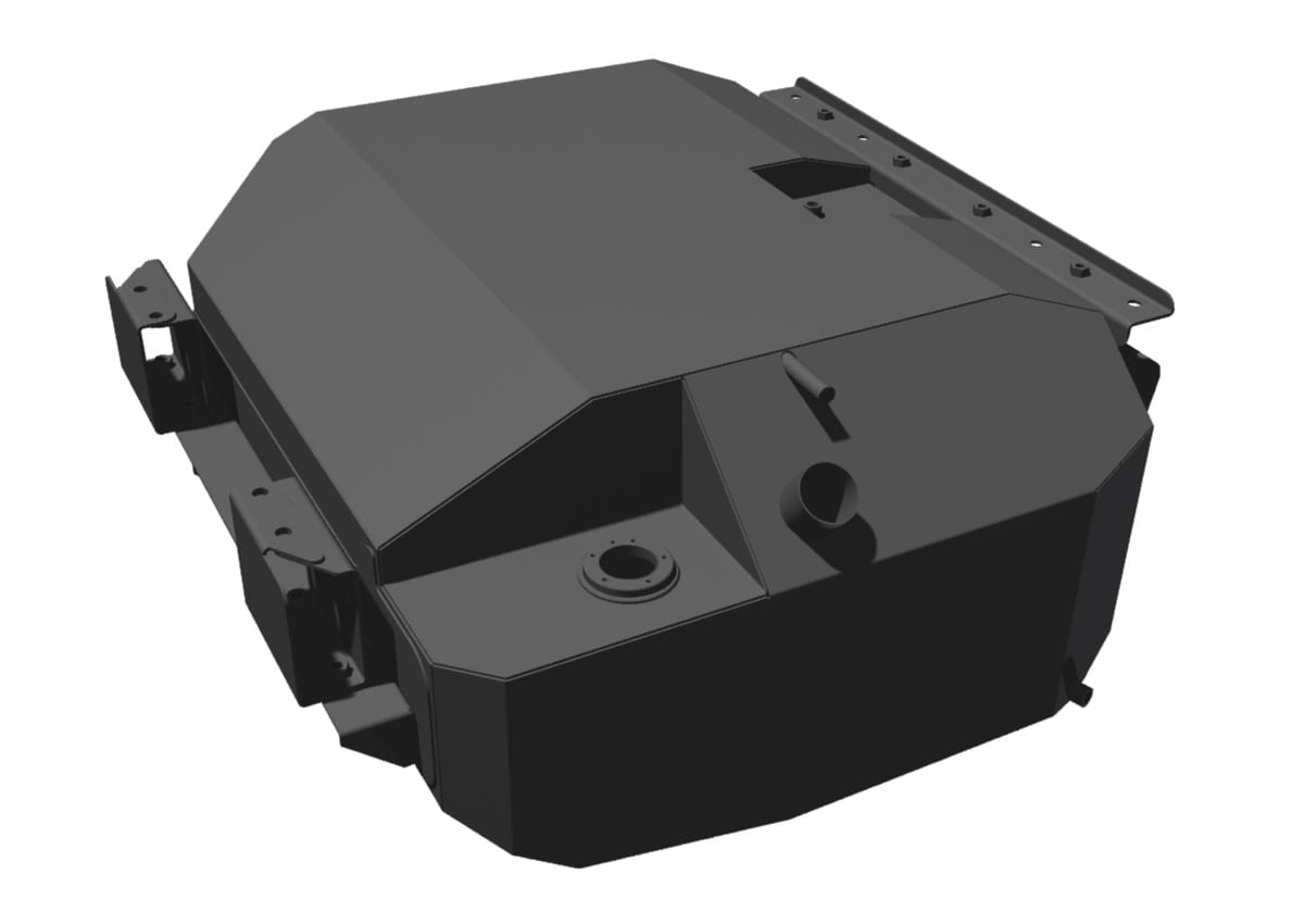 A black Brown Davis replacement fuel tank for the Land Cruiser 79 double cab on a white background