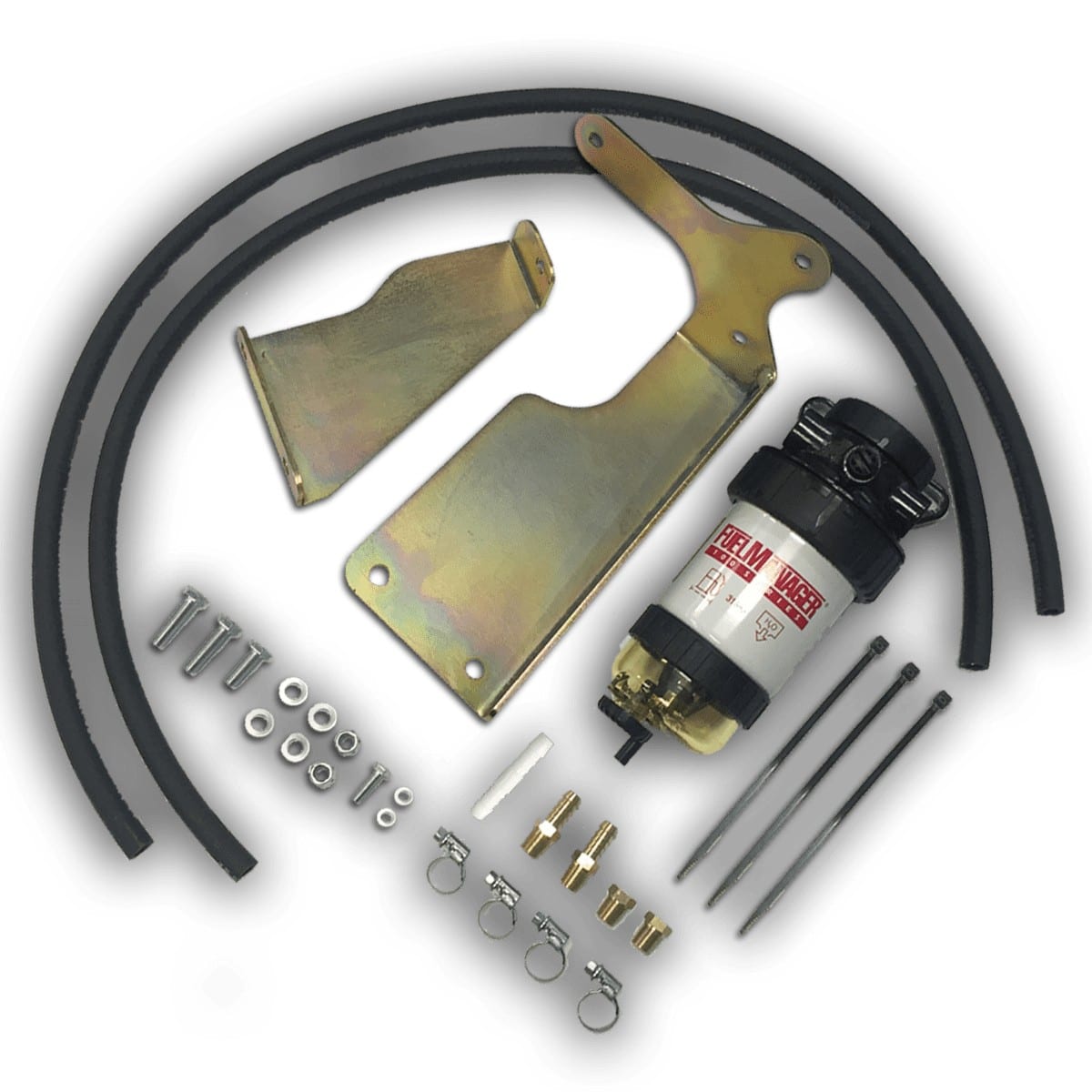 A diesel pre-filter kit for the Land Cruiser 70 laid out: filter bowl, metal bracket, hoses and fittings