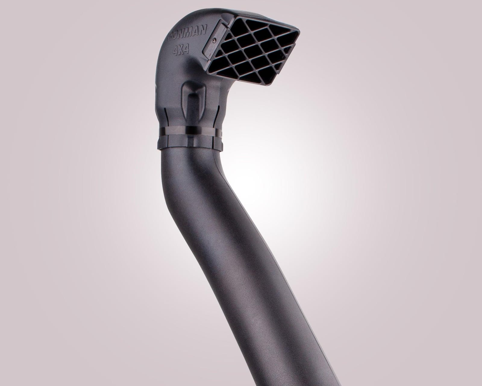 A close-up of a black forward-facing snorkel ram head on the top of a snorkel tube