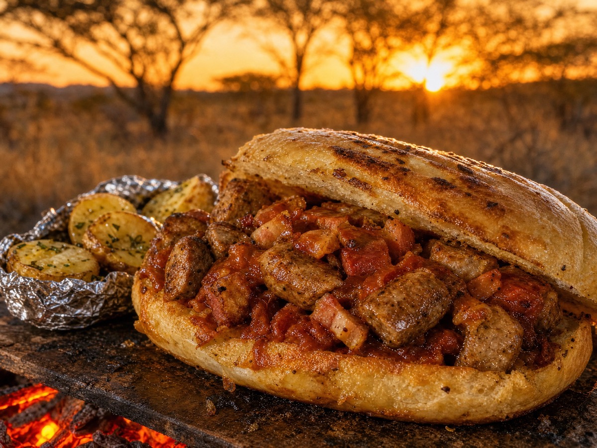 Boerewors braai buns with tomato relish and bacon, foil-wrapped potatoes on the side — at sunset in the bush