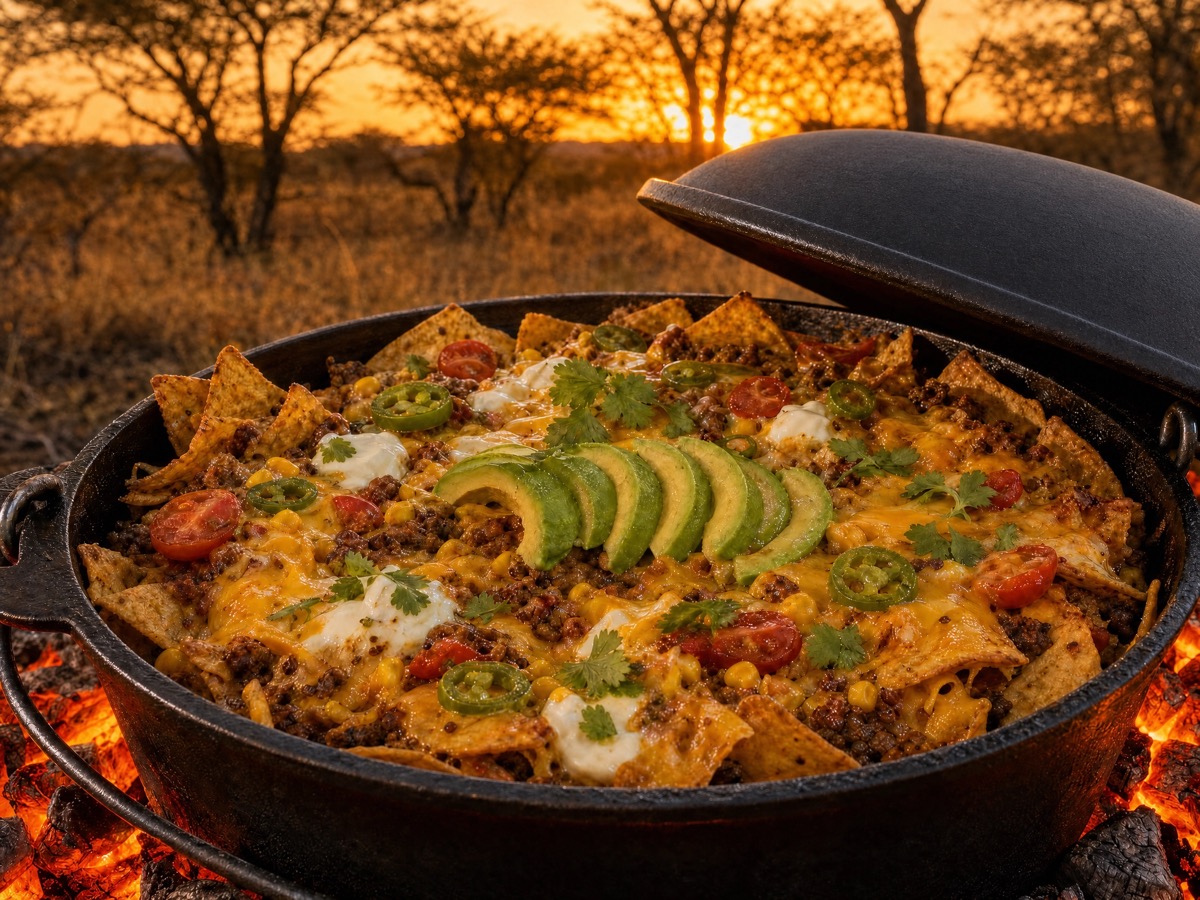 Fire-baked nachos in a cast iron pot with avocado, cheese, and jalapeños — cooked over open coals at sunset