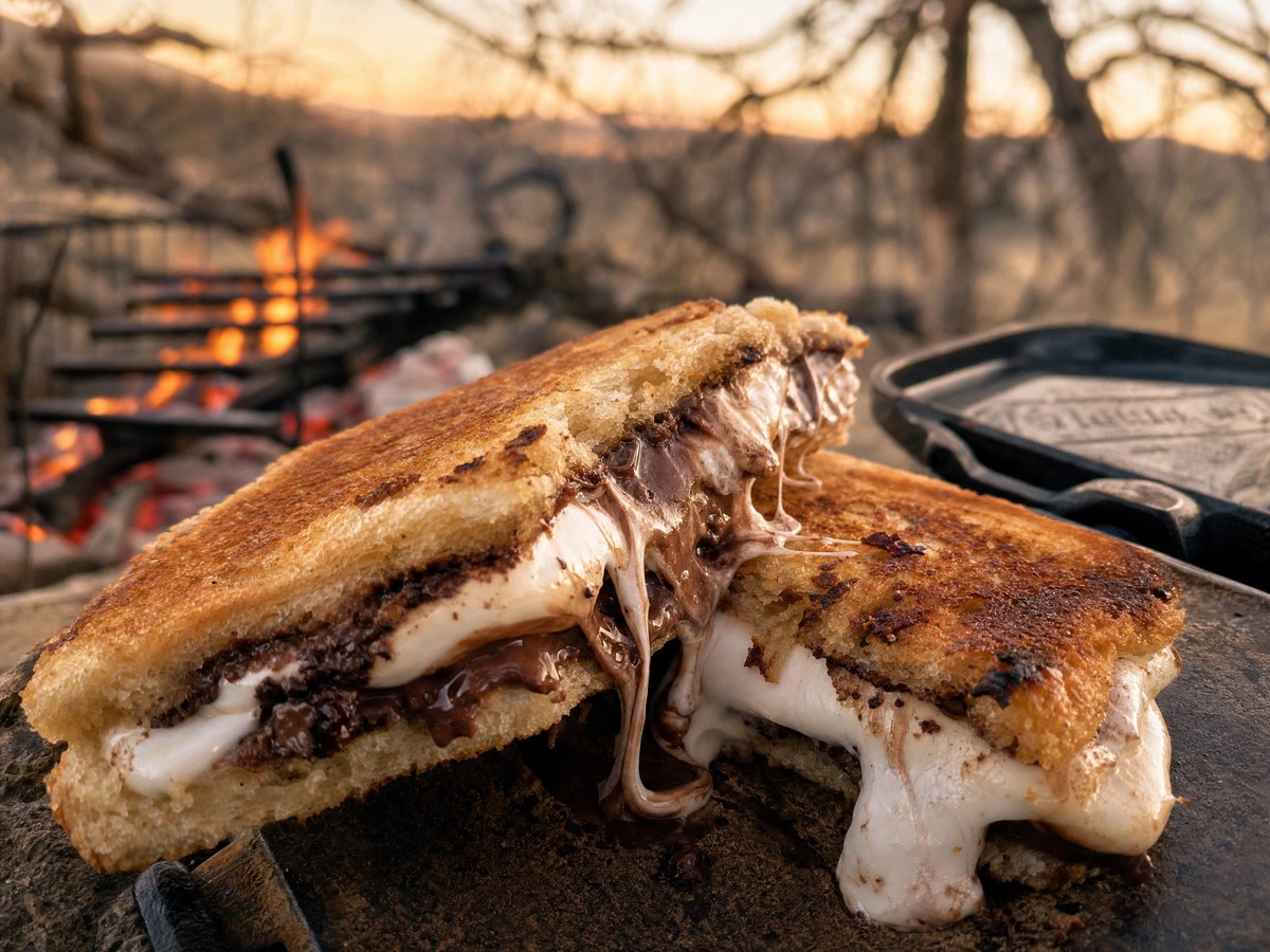 Marshmallow and Nutella jaffle toasted over a campfire — gooey and golden