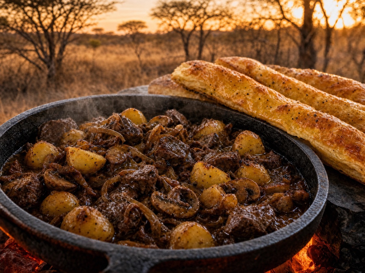 Deconstructed pepper steak pie in a cast iron pot with puff pastry fingers — cooked over an open fire at sunset