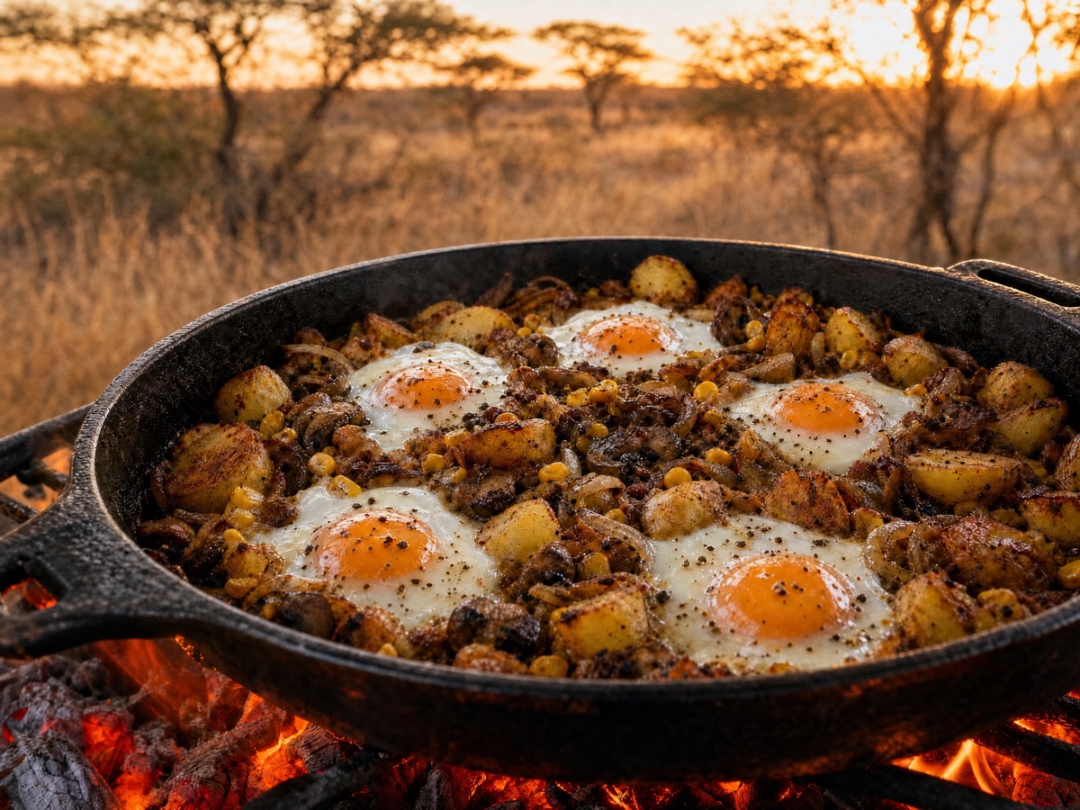 Potato and egg breakfast bake in a cast iron pan over open coals — five eggs set in the potato and mushroom mixture