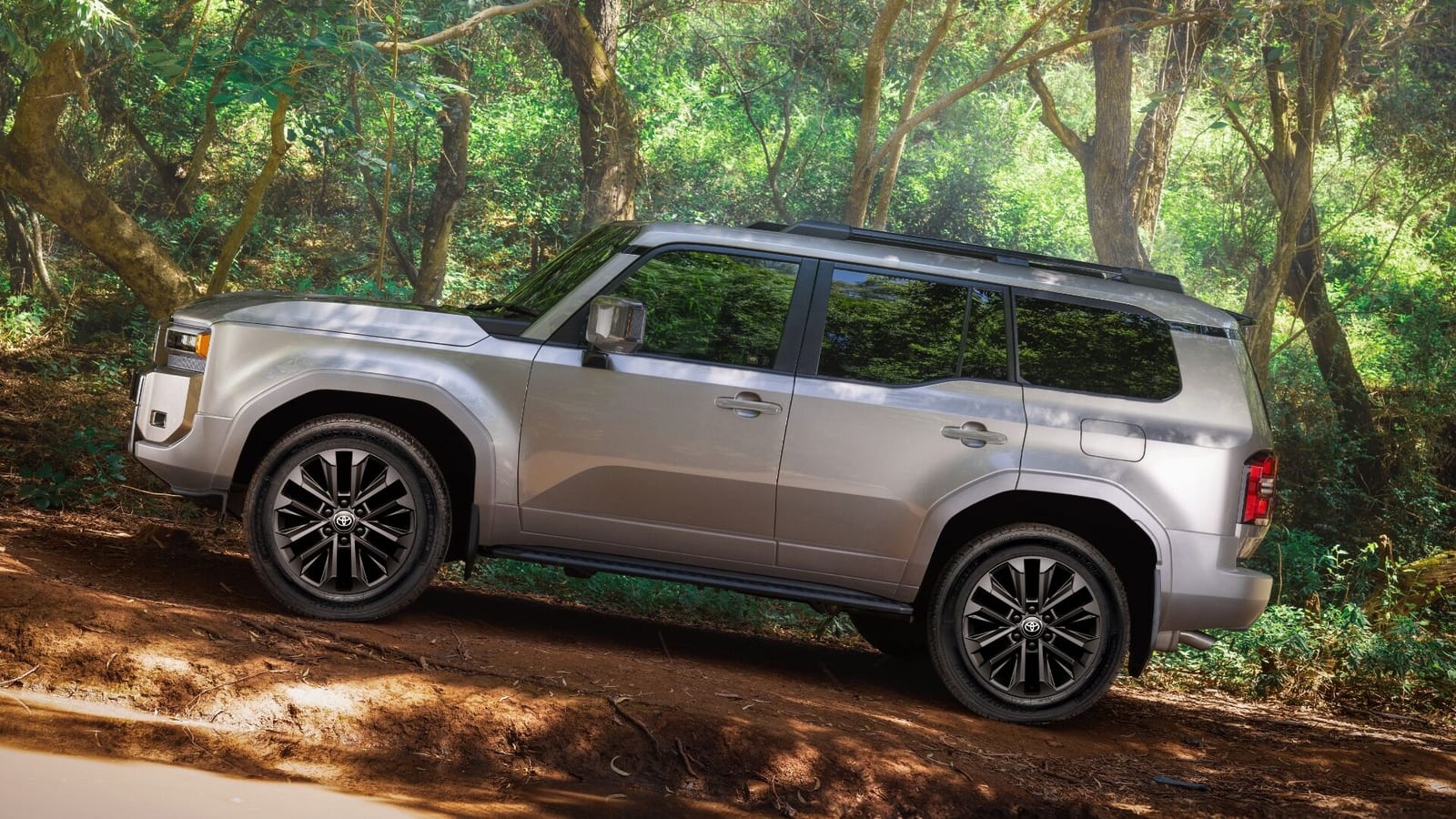 A Toyota Prado 250 side on, climbing a dirt slope among trees.
